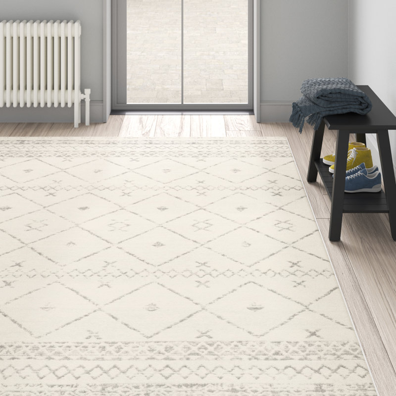 Tapis blanc et gris tissé au métier mécanique Herrod, Rectangle 7 pi 10 po x 10 pi