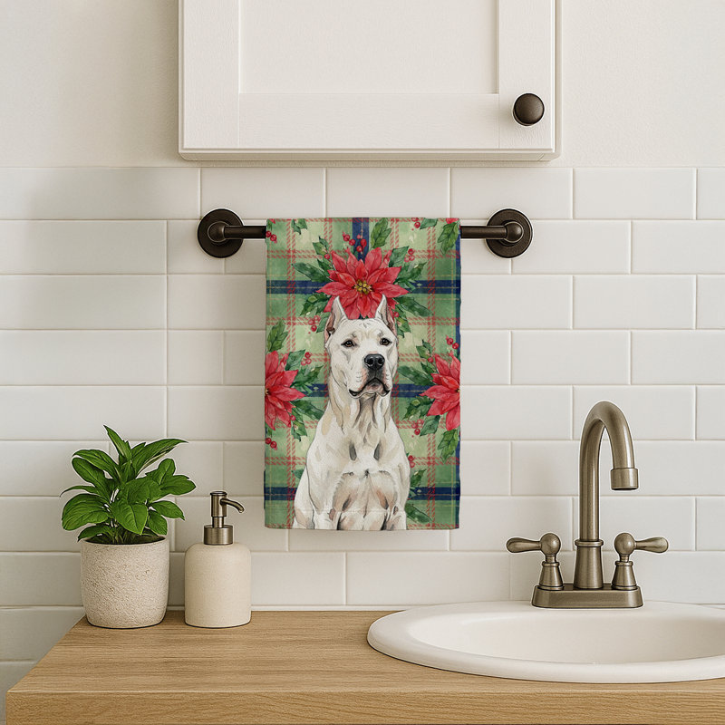 Dogo Argentino Christmas PoinsettIas Kitchen Towel, White Dogo Argentino