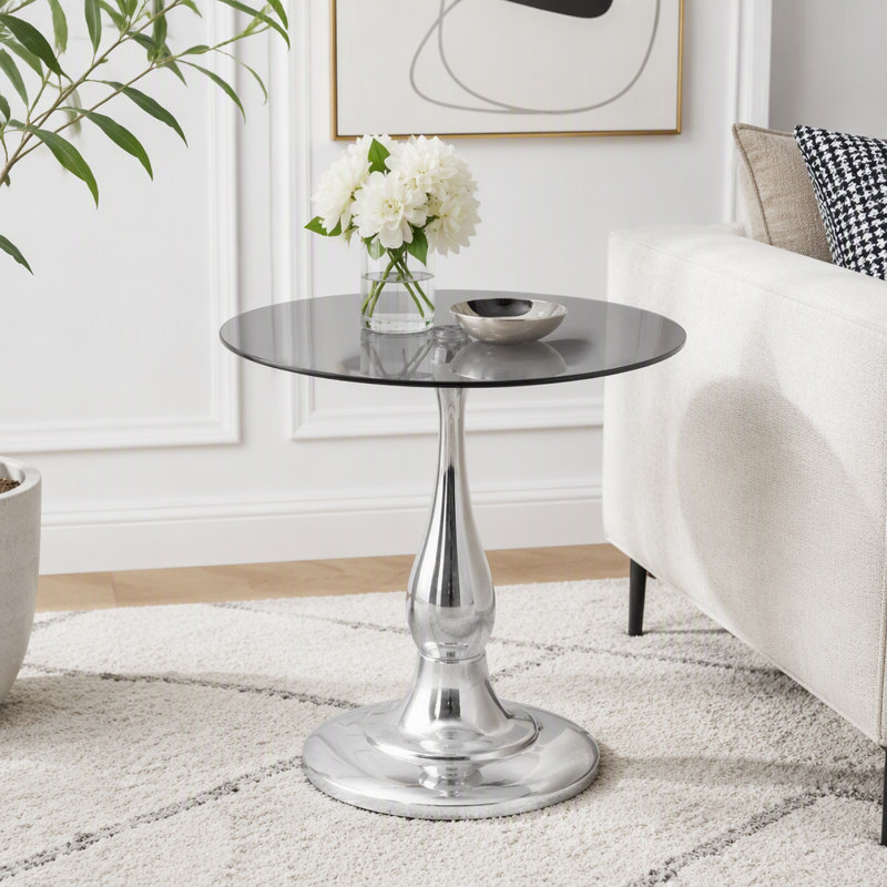 Table d'appoint en verre trempé avec piètement en métal argenté au design épuré, Gris, Argent