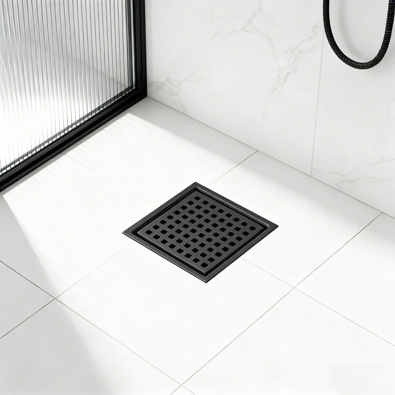 6" Square Shower Drain Chrome, Stainless Steel Shower Floor Drain Kit With ABS Flange, Removable Grid Cover, Matte Black