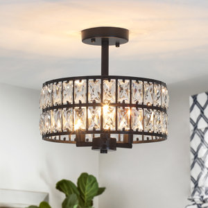 *chrome, not black* 3-Light Crystal Ceiling Light Fixture Semi Flush Mount Chandelier with Drum Shade