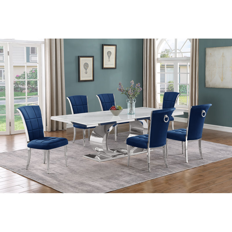 Kimako Marble Top Pedestal Dining Set, Black, 9, Silver