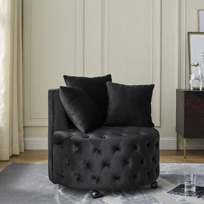 Fauteuil pivotant en velours noir avec siège à boutons et mobile, idéal pour le salon moderne en noir, accoudoirs confortables