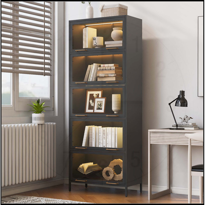 78.75" Tall Iron Display Cabinet with Glass Doors, 5-Tier Steel Bookcase with LED Lights for Collectibles, Modern Style Curio Cabinet for Home and Office - Black