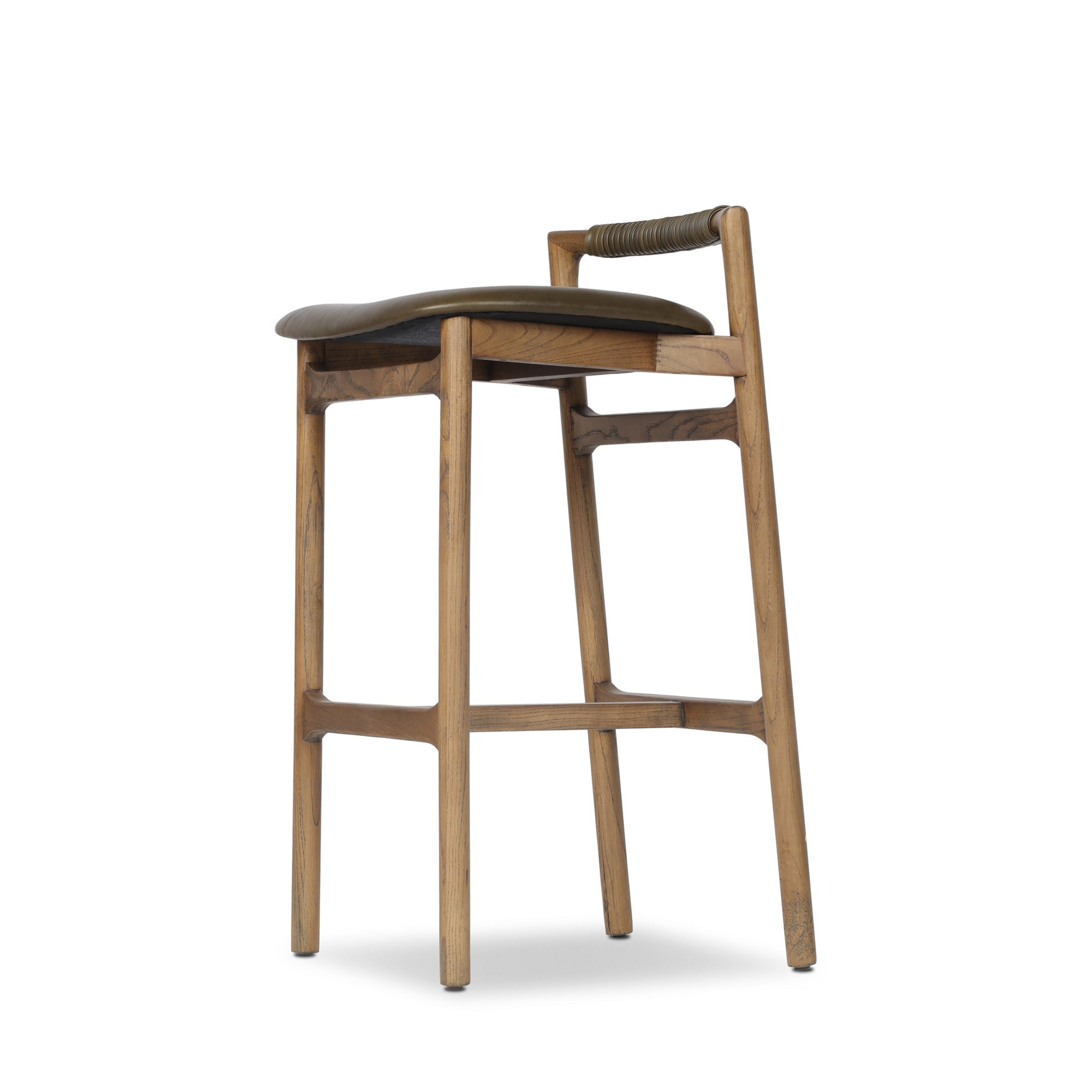 Solene Leather Stool, Toasted Nettlewood, Dulane Moss/Genuine Leather, Bar Stool (30" Seat Height)