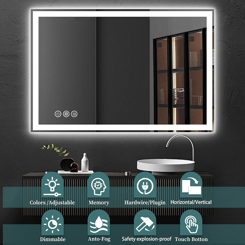 LED Bathroom Mirror with Front and Backlight Wall Mirrors  with 3 Colour Adjustment with Light LED Vanity Mirror with Anti-Fog