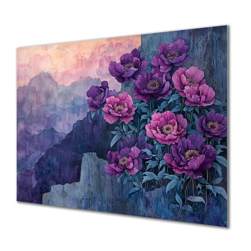Lavande, pivoines sur le versant rocheux II - pivoines, impression murale, H 24 po x l 32 po
