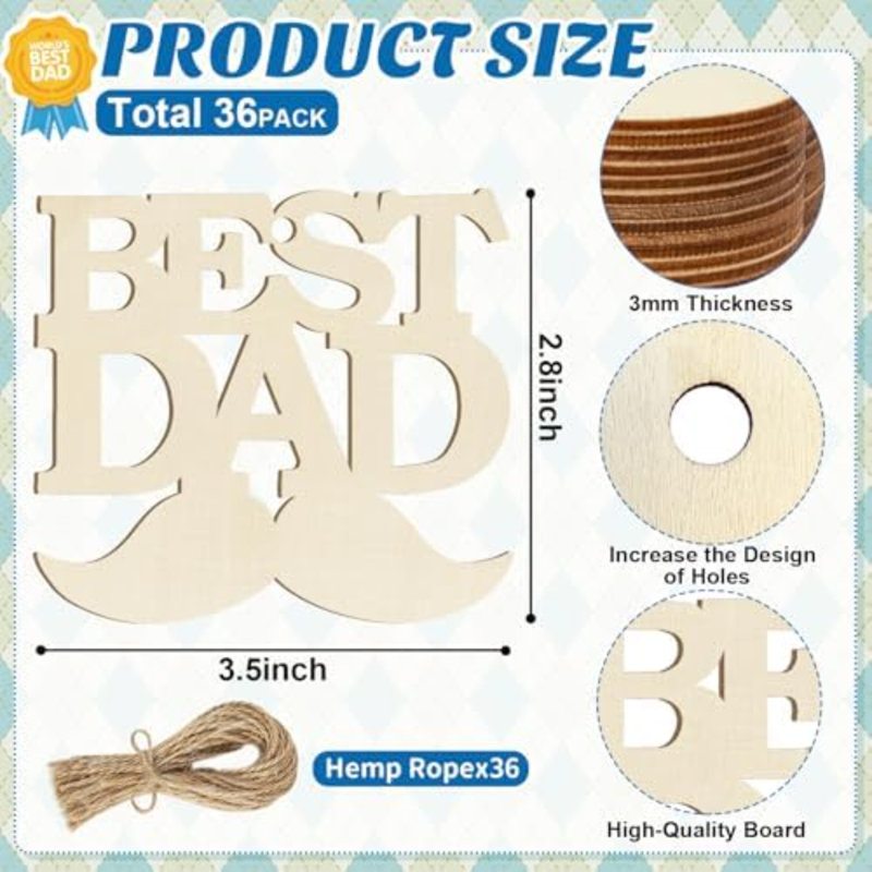 36 PCS en bois ornements de la fête des pères à peindre, 6 styles Best DAD