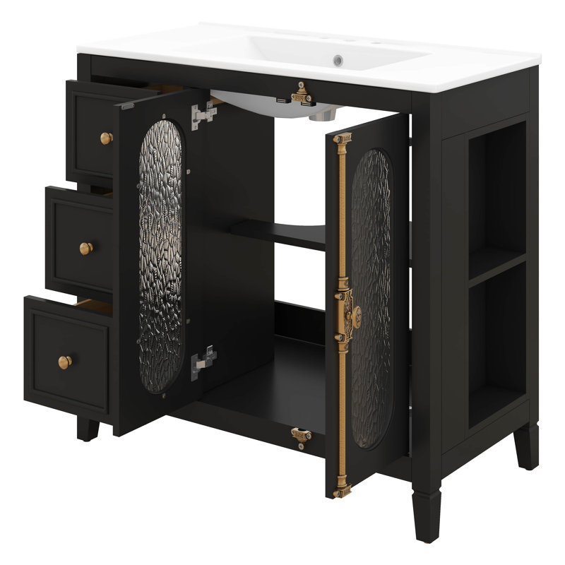 Meuble-lavabo de 36 po avec lavabo en céramique, armoire de rangement avec 2 portes en verre à fermeture en douceur et trois tiroirs