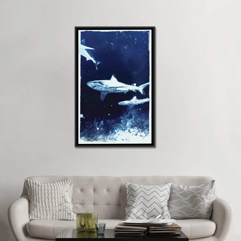 " Indigo Sharks " by 33 Broken Bones, 26" H x 18" W x 1.5" D, Black Framed Canvas, No Mat