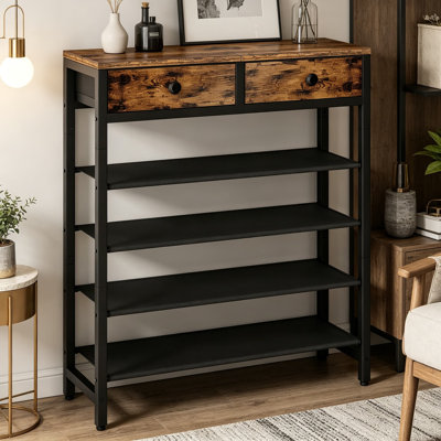 Range-chaussures à 5 niveaux, range-chaussures en métal avec 2 tiroirs, range-chaussures pour 12 à 16 paires, support à chaussures industriel avec tablettes en tissu, plateau en bois pour le vestibule, brun rustique