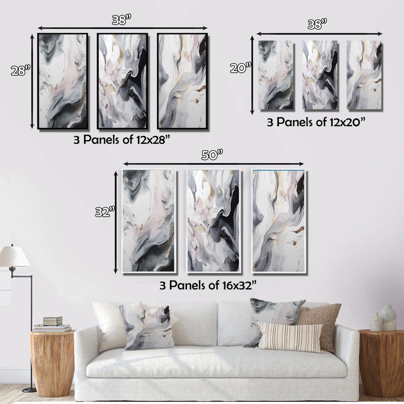 «White and Grey Ripples Of Stone», 3 pièces sur toile, Cadre flottant noir, H 40 po x l 60 po