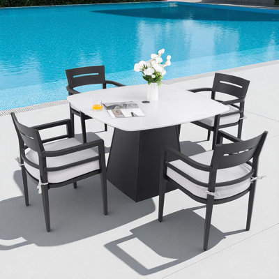 5-Piece High-End Luxury Outdoor Patio Dining Set Including 4 Aluminum Dining Chairs With Sunbrella Seat Cushion And 44" Dining Table With Umbrella Hole
