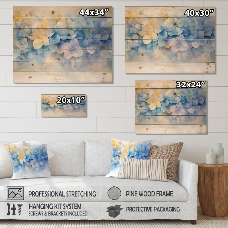 Hydrangée abstraite, horizon de simplicité VI - impression d'hortensia sur bois de pin naturel, H 30 po x l 40 po