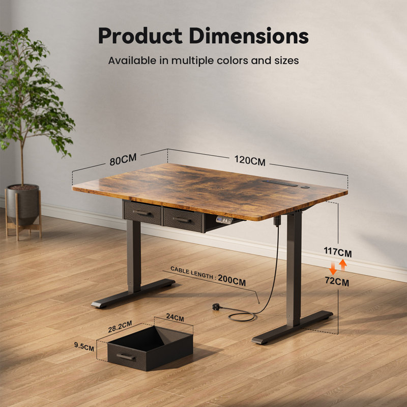 Adjustable Metal Base Standing Desk with Power Outlet, Brown/Black, 120cm W x 80cm D