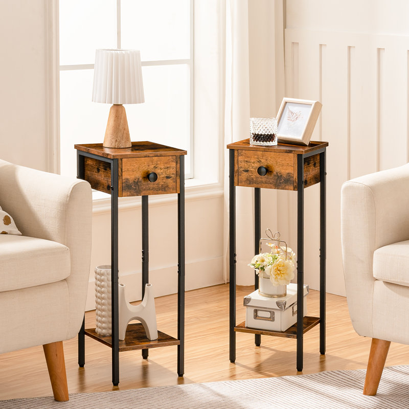 Slim Bedside Side Table with Storage, Black/Rustic Brown