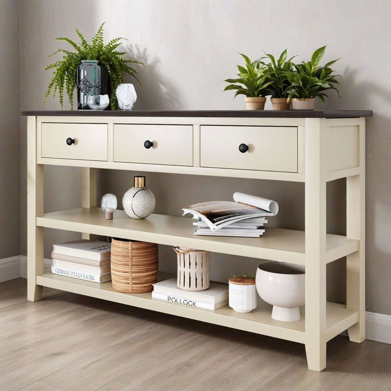 Console de 50,02 po, table d'entrée minimaliste à 3 tiroirs, table de canapé avec 2 tablettes pour le salon, couloir, Beige
