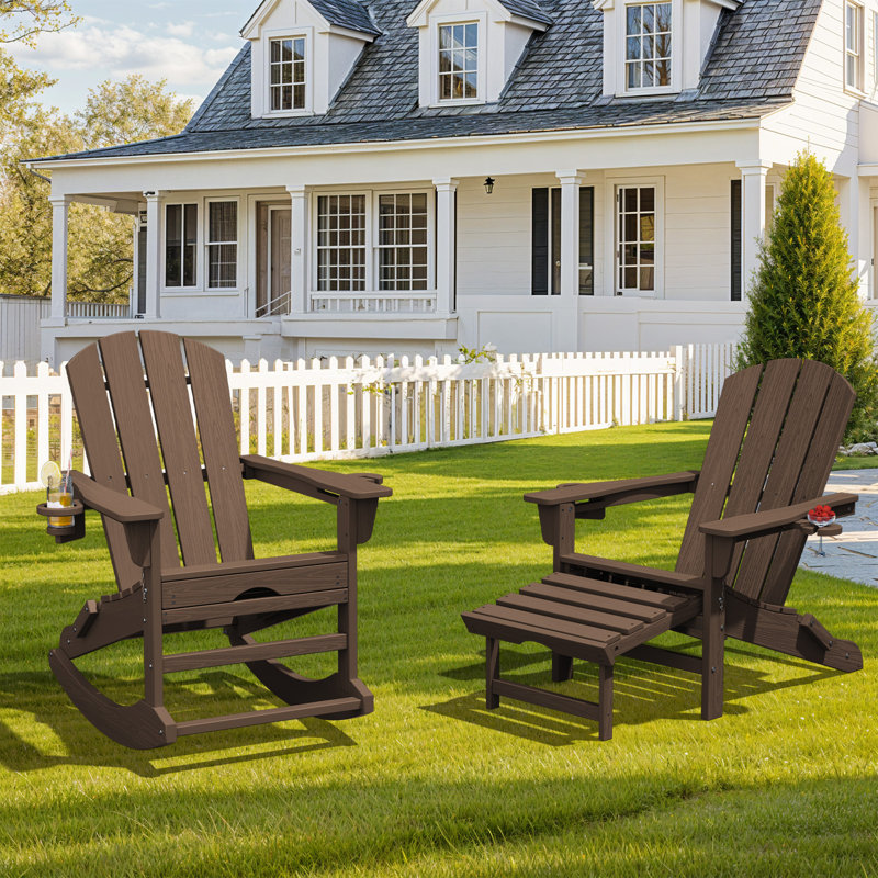 Outdoor HDPE Folding and Rocking Adirondack Chair With Double Cup Holder and Ottoam , Brown