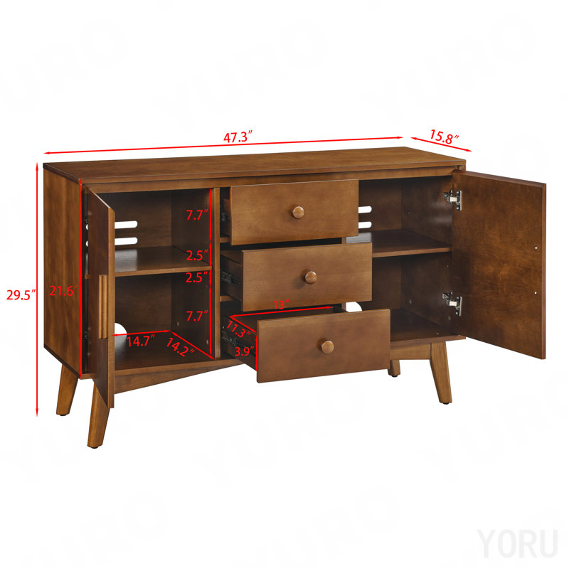 Buffet 47,3 po Mid-Century, 3 tiroirs, 2 portes pour le rangement - Standard