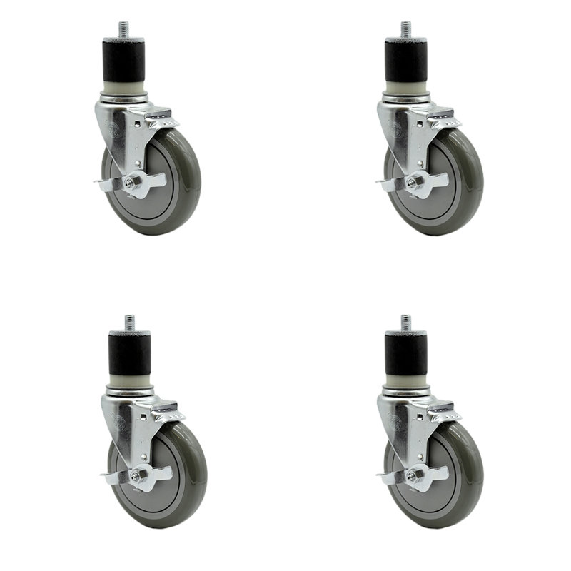 5 Inch Grey Polyurethane Wheel Swivel 1-7/8 Inch Expanding Stem Caster Set Brake