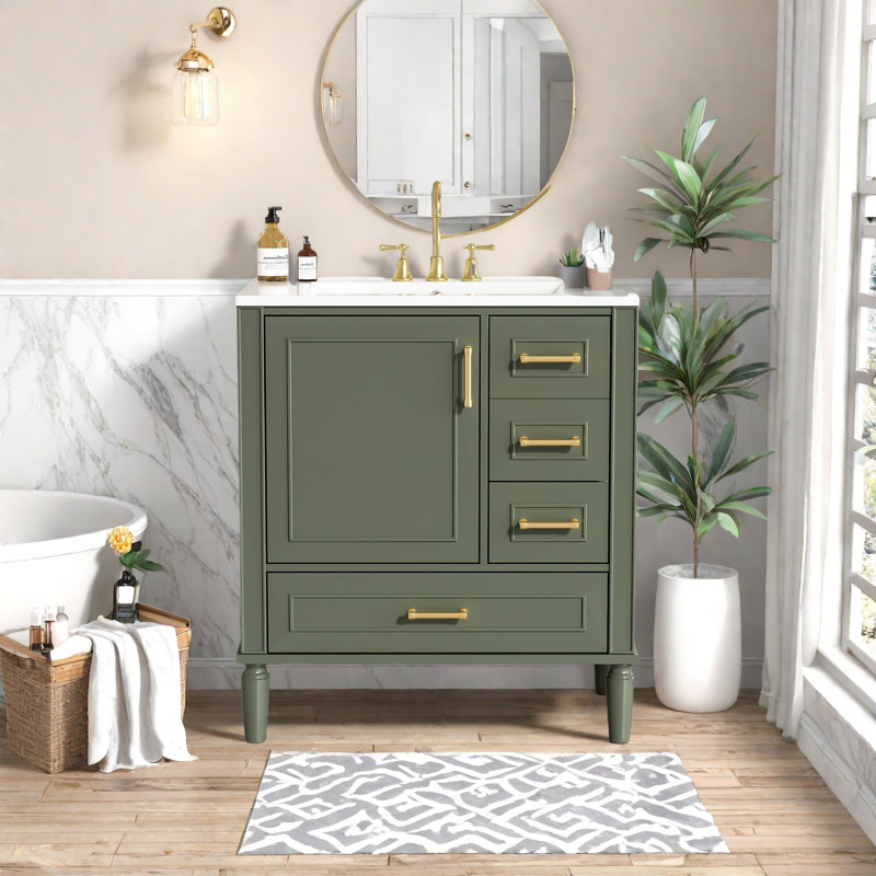 Meuble-lavabo compact avec lavabo en céramique, porte à fermeture en douceur et beaucoup de rangement - Design gris classique avec poignées dorées, assemblage facile