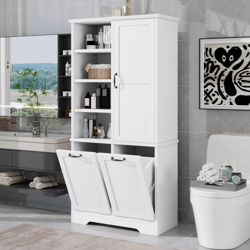 68" H Wood Bathroom Storage Cabinet With Doors, 2 Tilt-Out Laundry Hamper, Open Shelve, Adjustable Shelf, White