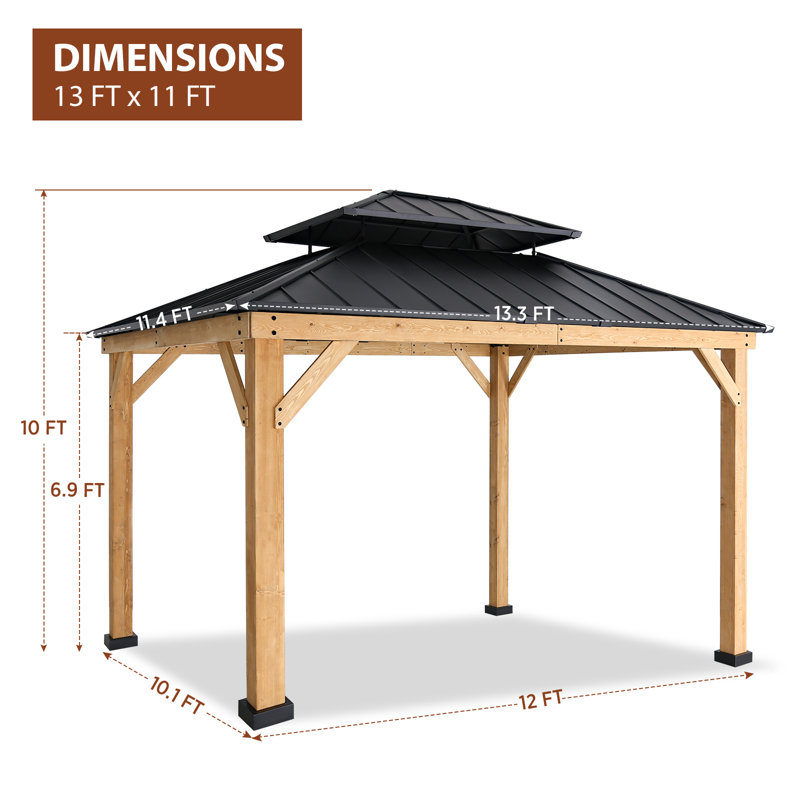 13 x11 Wood Hardtop Gazebo, Patio Double Roof Galvanized Steel Hardtop Gazebo for Patio, Deck, Backyard, Lawn, and Garden