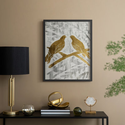 Deux tortues colombes - reproduction encadrée des feuilles d'or - bois massif