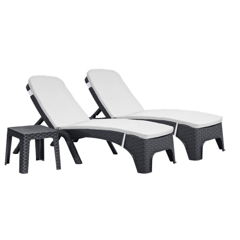 Outdoor Wicker Chaise Lounge Set with Table , Cushion Included, Cream, Gray