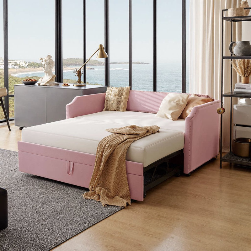 Elegant Twin Size Velvet Upholstered Daybed with Pop-Up Trundle - Perfect for Cozy Nights & Guest Space, Pink