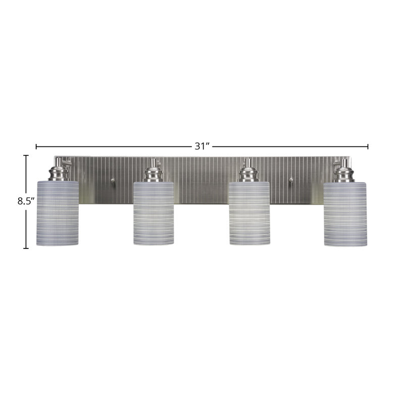 Barre d'éclairage de salle de bain 4 lumières Edge avec verre matriciel gris 4 po, Gris, Nickel brossé
