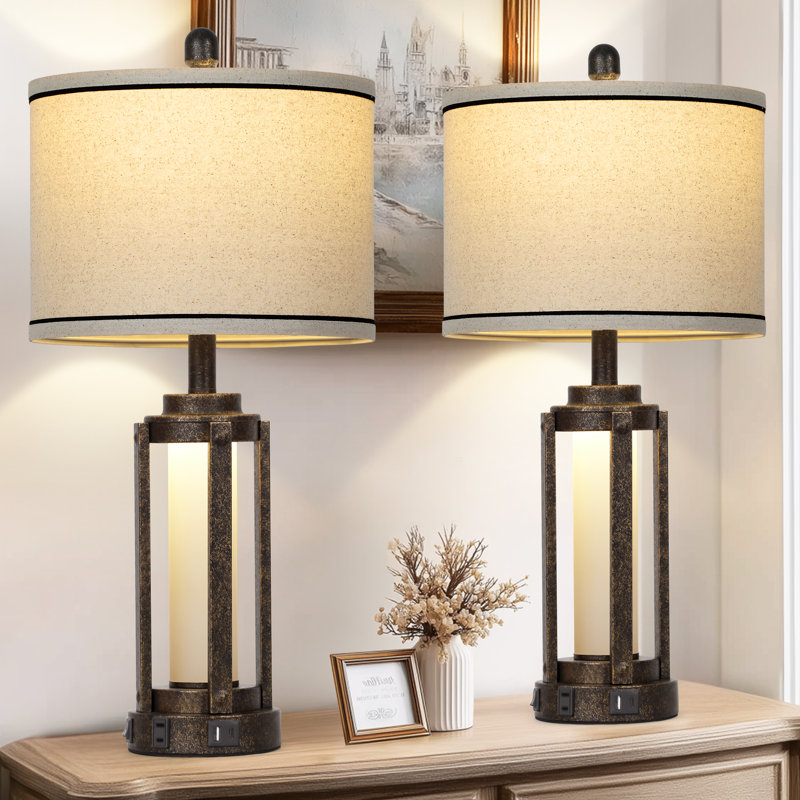 Tatyanna 25.5" Modern USB Table Lamp Set with Night Light, Built-in Outlet, Distressed Black