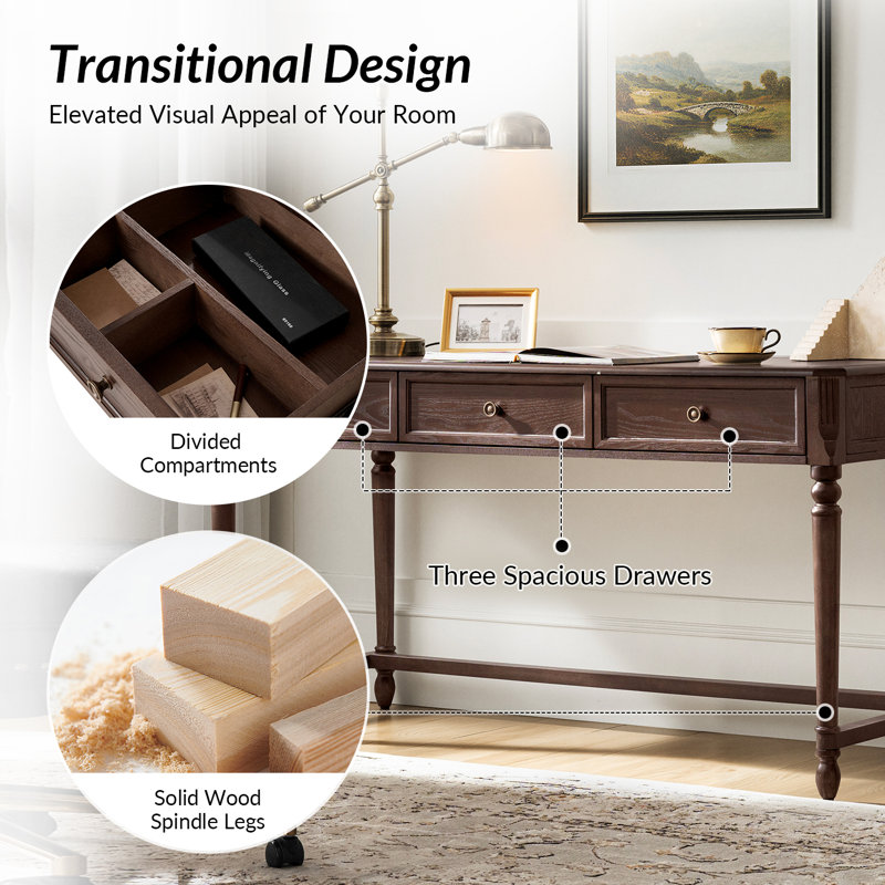 Beryl 60''W Transitional 3 Drawers Simple Assembly Desk with Power Outlets, Auburn
