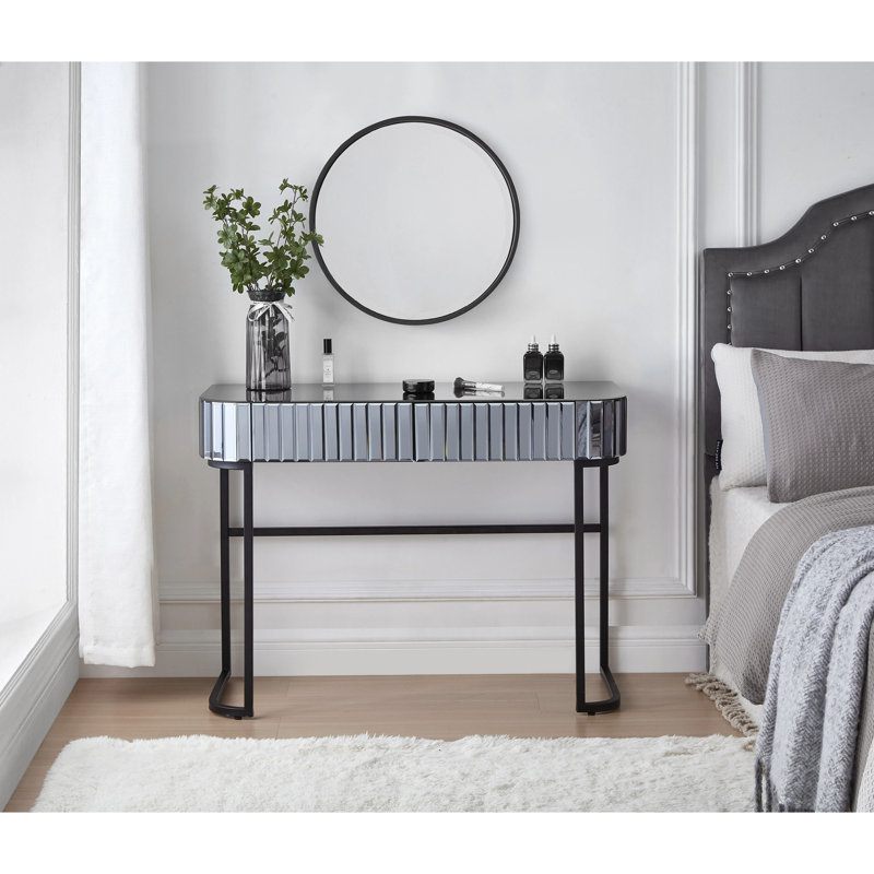 39" Mirrored Makeup Vanity Table with Stainless Steel Base, Mirrored Console Dressing Table with 2 Drawers,Versatile Desk for Bedroom and Office, Grey