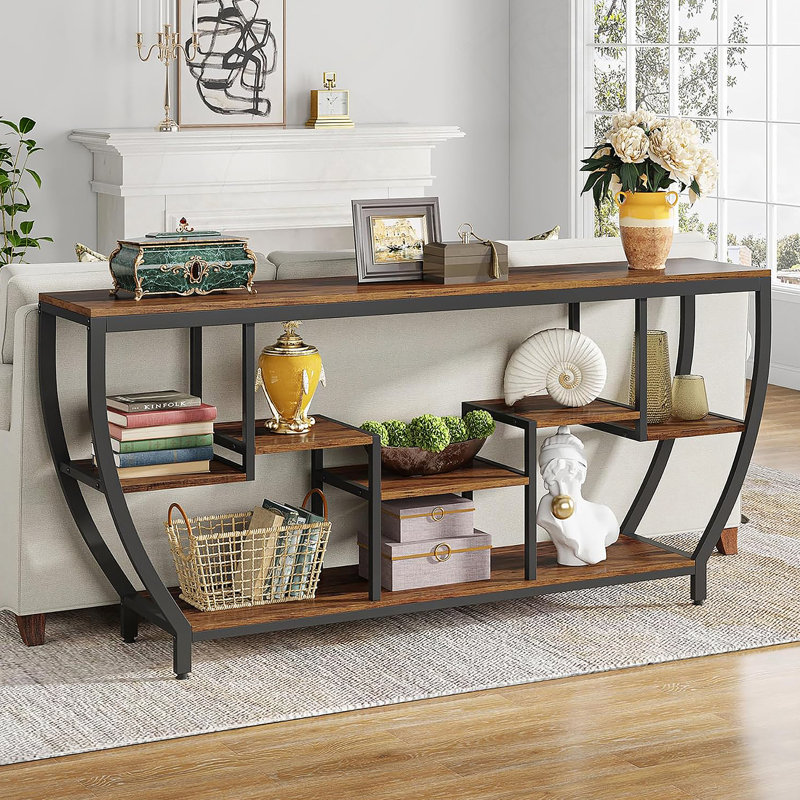 Console industrielle 70,9 po avec tablettes de rangement à 7 niveaux, table d'entrée très longue pour le salon, le couloir ou le vestibule - table d'appoint à structure métallique