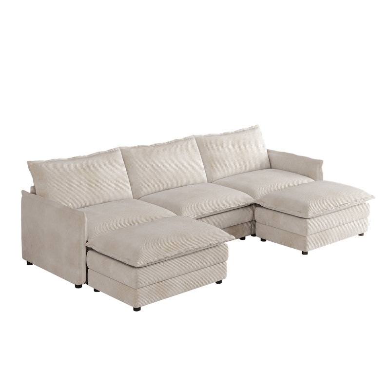 Canapé en tissu velours 3 places en velours côtelé confortable avec repose-pieds mobile pour le salon, ensemble de canapé en U surdimensionné à assise profonde, canapé rembourré à assise profonde de grande taille avec 3 coussins