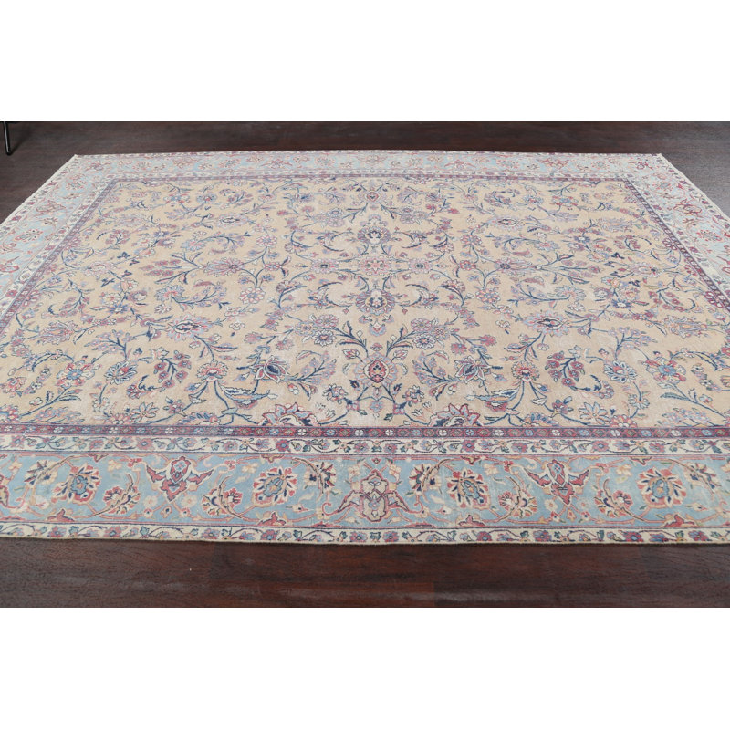 Tapis décoratif en laine de conception unique 7 pi 7 po x 10 pi 10 po noué à la main des années 1960 en beige/gris/rose