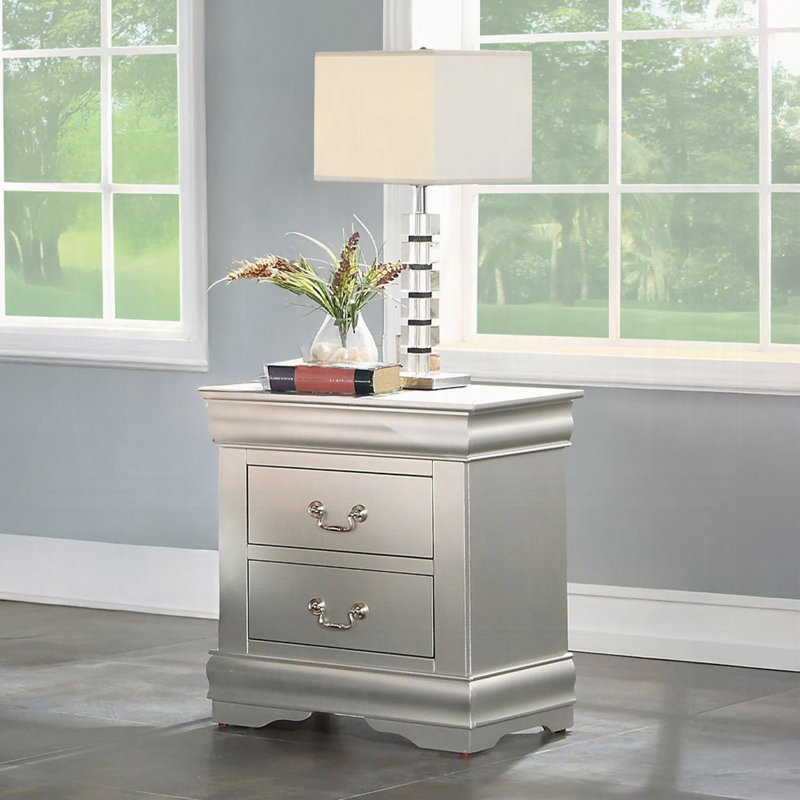 Table de chevet, table de chevet en bois avec 2 tiroirs, Gris argenté