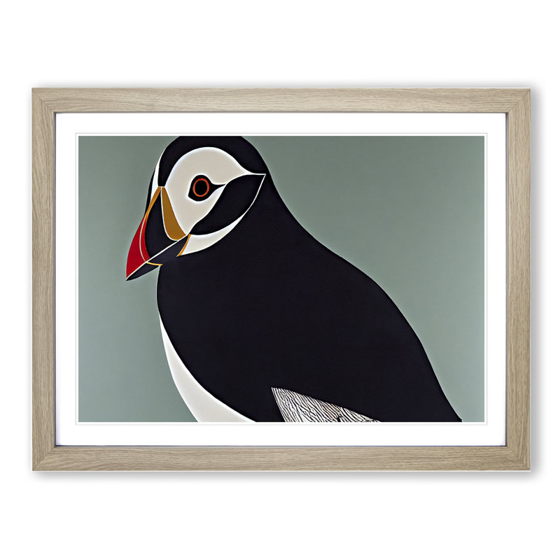 XH1022-6834X Peaceful Puffin Bird Abstract - Picture Frame Print, 46cm H x 64cm W x 2cm D, Oak Framed