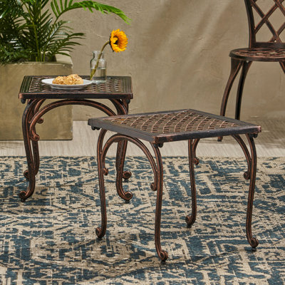 Table d'extérieur en aluminium coulé Kd de 2 à 18 po avec plateau en cuivre patiné avec pieds bouclés et tissage classique pour tables de bout de jardin H antique