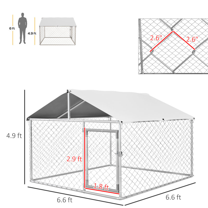 Grand chenil à l'extérieur - robuste, housse imperméable, maillon de chaîne galvanisé, 6,6 pi x 6,6 pi x 4,9 pi, spacieux pour les chiens intelligents, verrou sécuritaire, cage d'extérieur en acier pour chiots curieux, structure