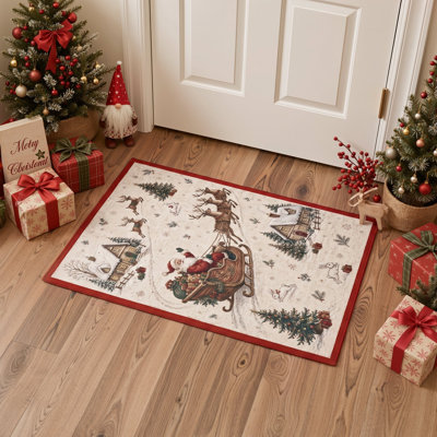 Tapis de salon lavable à poils ras, motif animaux de Noël, traîneau du Père Noël et rennes, ivoire/rouge