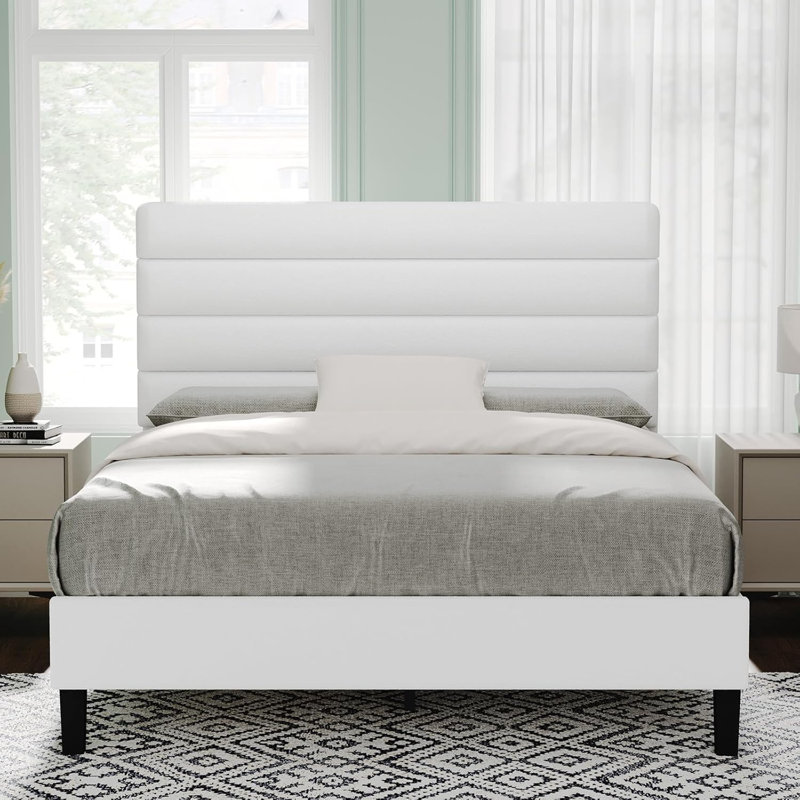 Bed frame with headboard, platform bed frame with velvet upholstered headboard and channel design, White, Queen
