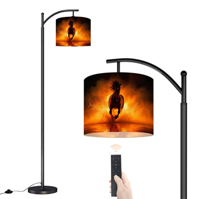 Arc Floor Lamp Running Horse Silhouette Splashing Water Fiery Orange Light Floor Lamps with Remote LED Lights Adjustable Lamp Shades Tall Standing Lamps for Reading Office Living Room