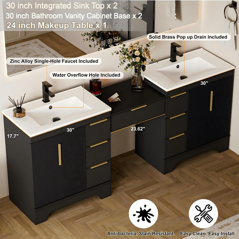 Ensemble de meuble-lavabo autoportant à double cuve 84 po avec comptoir Skeen, comptoir à maquillage 24 po avec tiroir, étagère d'armoire de salle de bain avec tiroirs et portes