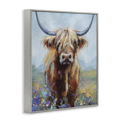 Highland Cow with Daubed Flowers Framed Giclee, design by Lindsay Kivi Fine Art