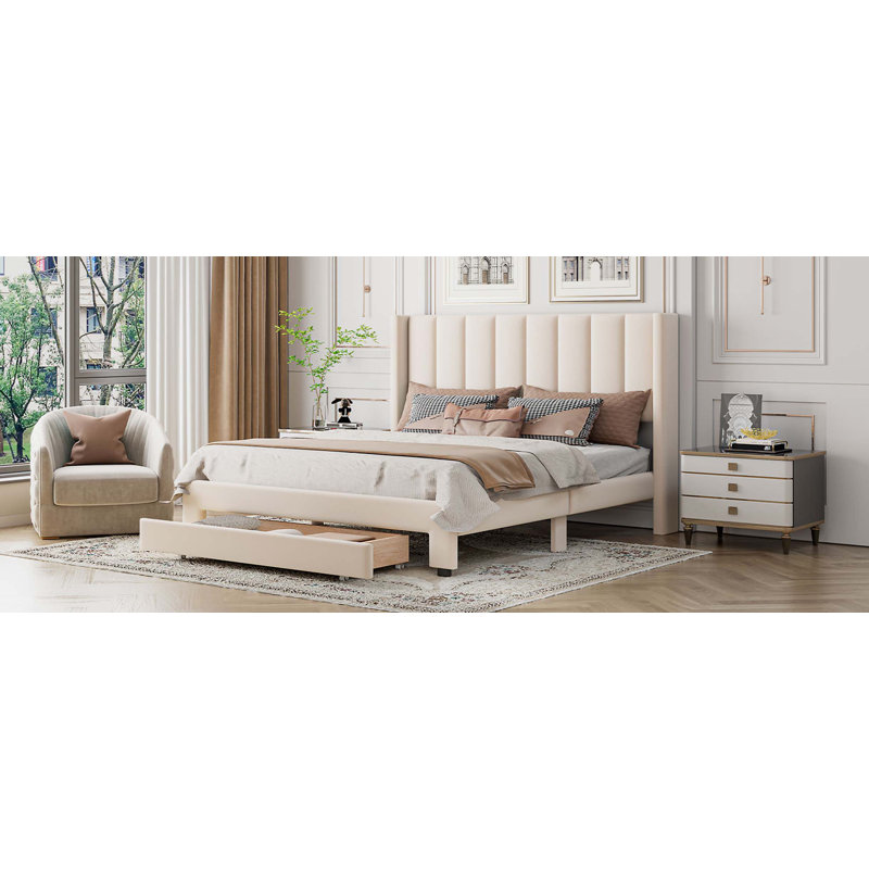 Copher Velvet Upholstered  Storage Platform Bed,Bed Frame, Beige, Queen