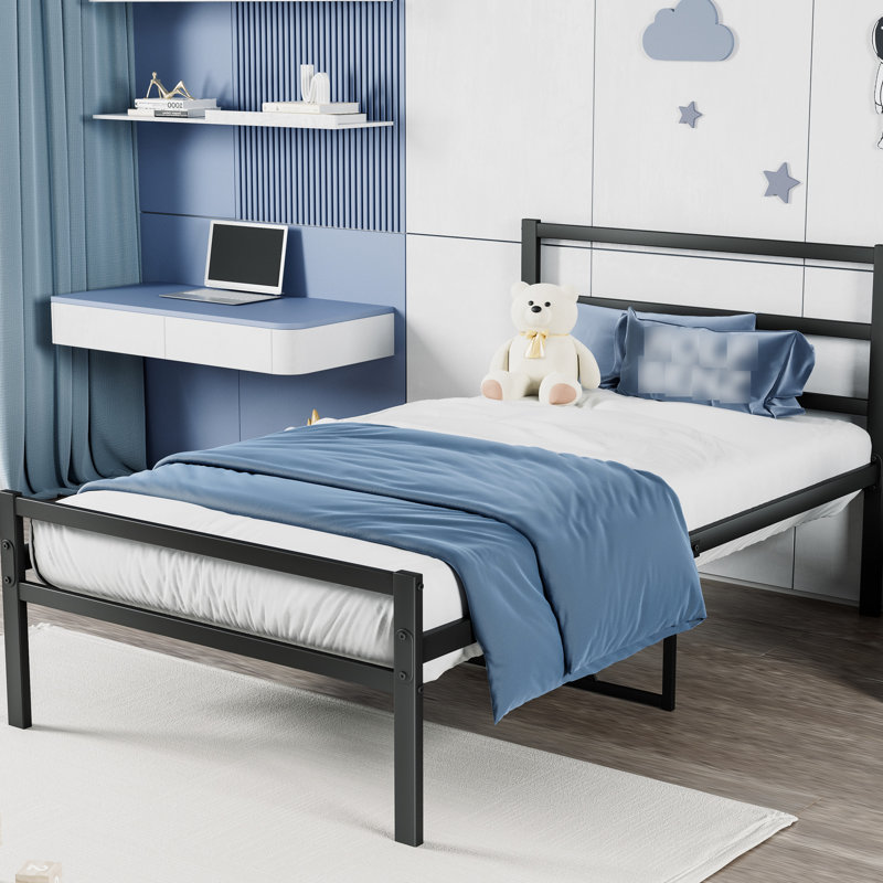 Lit plateforme noir en métal avec tête de lit - stable, aucun sommier nécessaire, cadre de nuit inclus, lit simple, sommier, bruit
