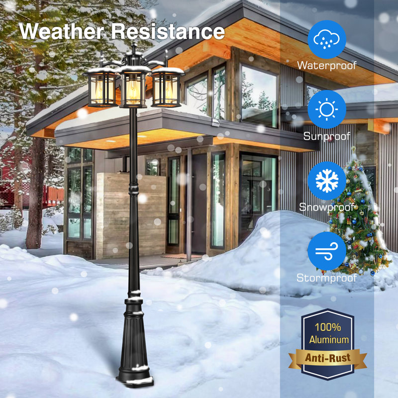 3-Head Outdoor Lamp Post Light with Outlet, Black Dusk to Dawn Street Light Pole for Garden