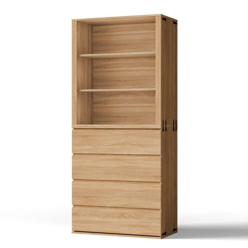 Modern Farmhouse 2-Piece Storage Cabinet Set, 71" H Wall Unit Bookcase With 4 Drawers And Open Shelves Organizer Natural